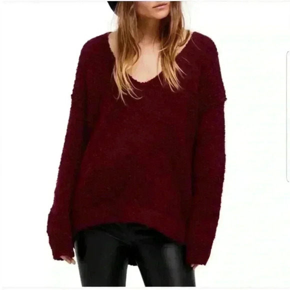 Free People Lofty Alpaca Pullover Sweater Burgundy Oversized XS - Picture 2 of 8